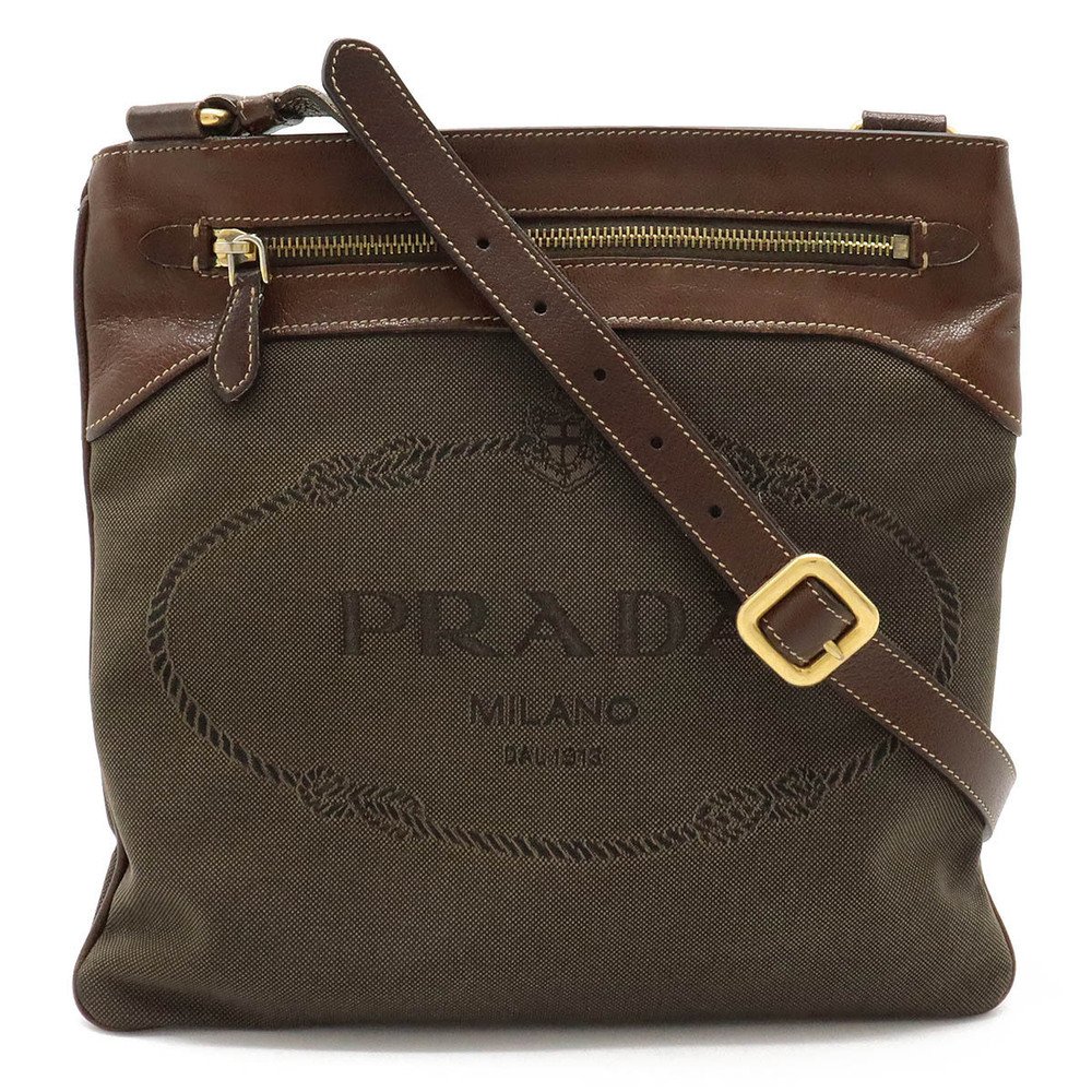 Prada Jacquard Crossbody Bag Canvas Leather Khaki Green Brown Dark